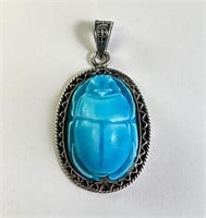 Large Sterling Carved  Egyptian Scarab Pendant