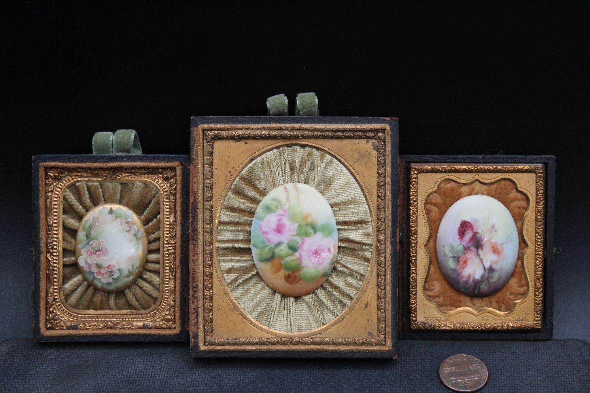 Victorian Enameled Lockets In Wood Cases