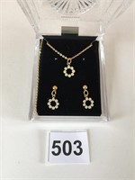GOLD TONE RHINESTONE NECKLACE AND PIERCED EARRING