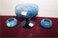 Blue Glass Footed Bowl & Stone Votive Holders