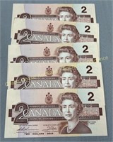 (5) 1986 Canada uncirculated consecutive 2 dollar
