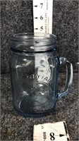 blue glass mason jar with handle