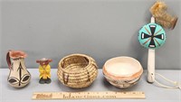 Native American Folk Pottery; Basket & Lot