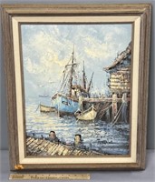 Harbor Scene Nautical Oil Painting on Canvas