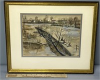 River Landscape Watercolor Painting on Paper