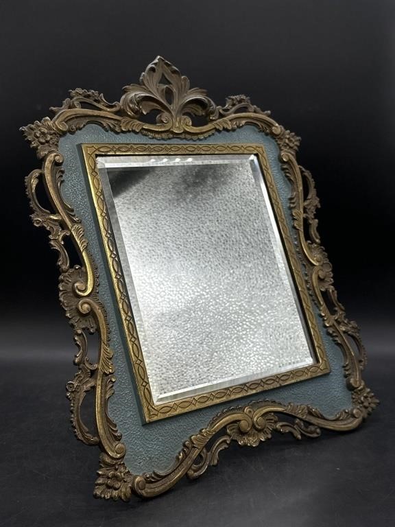Vintage Ornate Brass Scroll Easel Mirror Enameled