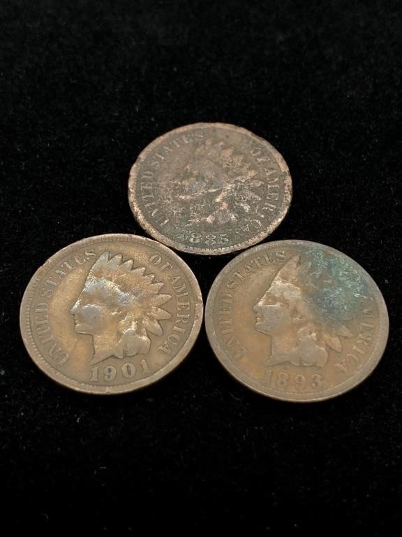 Three Antique 1C Indian Head Penny Coins - 1885,