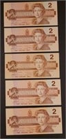 Set Of Five 1986 Series Canadian $2.00 Bills