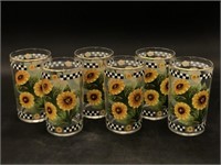 Six Vintage Checkered Sunflower Juice Glasses