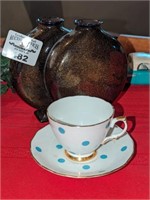 Royal Vale Tea Cup/Saucer & Speckled glass vases