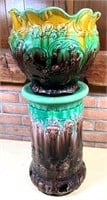 Large antique Pottery pot planter & stand- Weller?