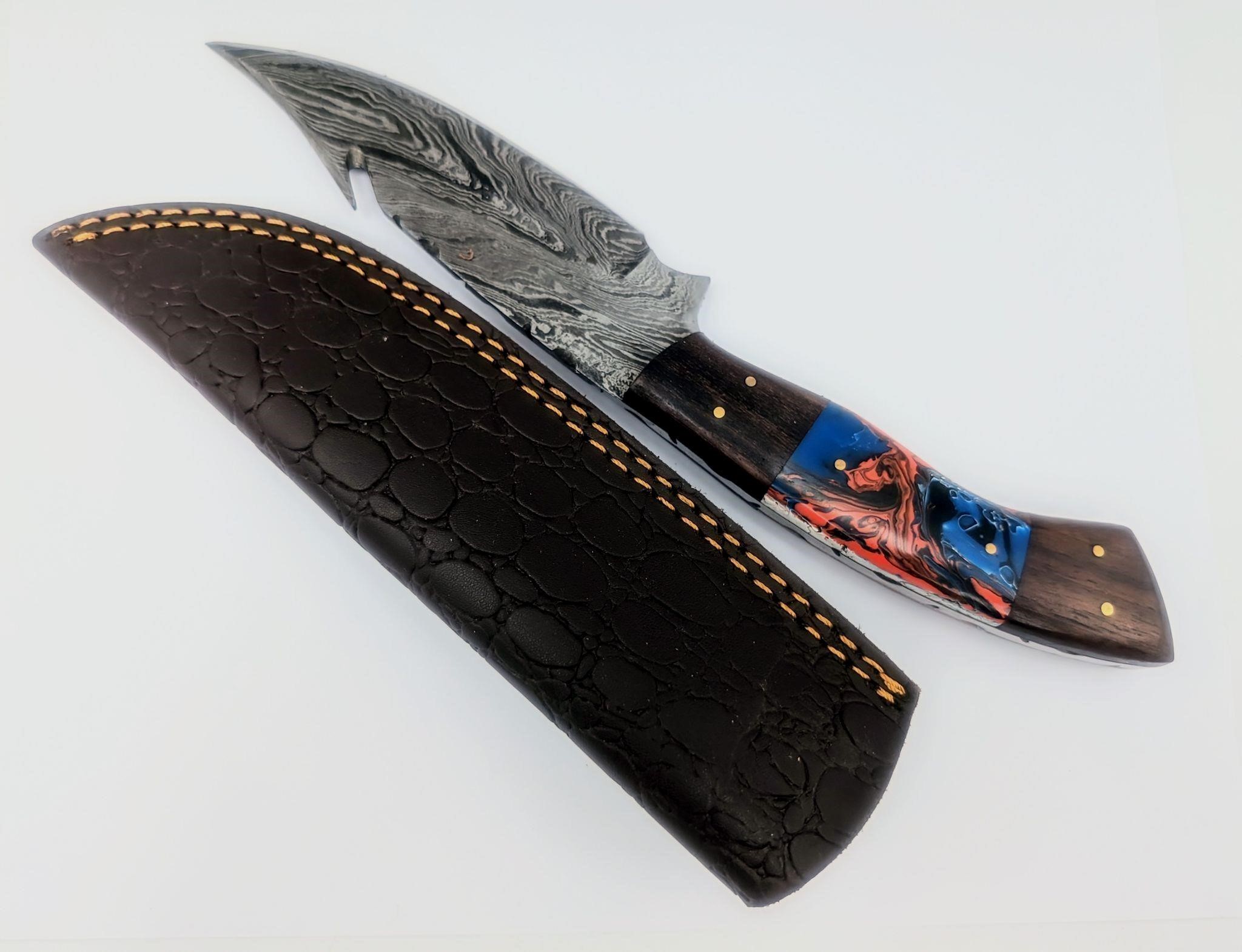 Handmade Red & Blue Damascus Steel Knife