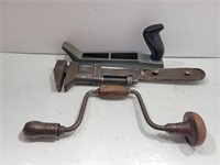 Vintage Hand Drill, Pipe Wrench & Hand Planer