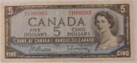 1954 Series Canadian Five Dollar Bill With