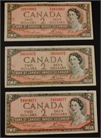 Set Of 3 1954 Series Canadian Two Dollar Bills