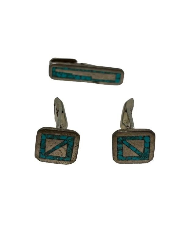 Taxco Sterling turquoise cufflinks tie clip