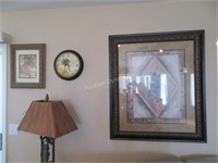 Two Framed Palm Tree Prints and Clock