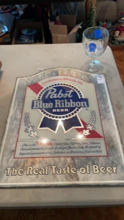 Pabst Blue Ribbon- sign 19.5 x 15 inches & glass