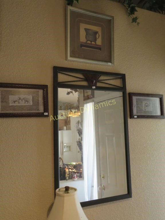 Metal Framed Mirror and Three Framed Prints