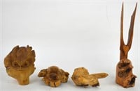 GROUP 4 MID CENTURY CARVED WOOD ANIMAL SCULPTURES