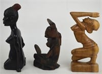 3 CARVED WOOD AFRICAN NUDE FEMALE SCULPTURES