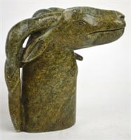STYLIZED CARVED STONE GOAT HEAD SCULPTURE