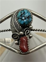 Sterling Silver Navajo SL Turquoise & Coral Cuff