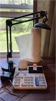 Adding machine, paper towel holder, desk lamp