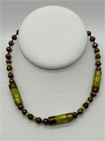 Sterling Green & Bronze Glass & Pearl Necklace