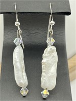 Sterling Silver Biwa Pearl & AB Crystal Earrings