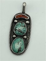 Sterling Silver Navajo Turquoise & Coral Pendant
