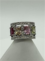 Sterling Silver Precious Gemstone Flanked Ring