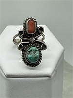 Rare Sterling Old Pawn Turquoise & Coral Ring