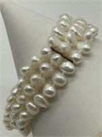 Sterling Silver Genuine Pearl 3-Strand Bracelet