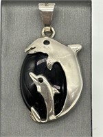 Sterling Silver Black Onyx Dolphin Overlay Pendant