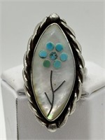 Zuni Signed Mother of Pearl Inlay Long Ring