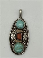 Vintage Navajo Sterling Turquoise & Coral Pendant
