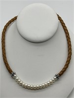 Sterling Silver Leather & Baroque Pearl Necklace