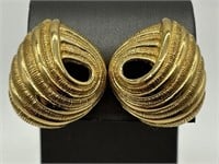 Fancy Trifari Textured Gold Tone Earrings