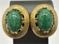 Weiss Gold Tone & Swirled Green Stone Earrings