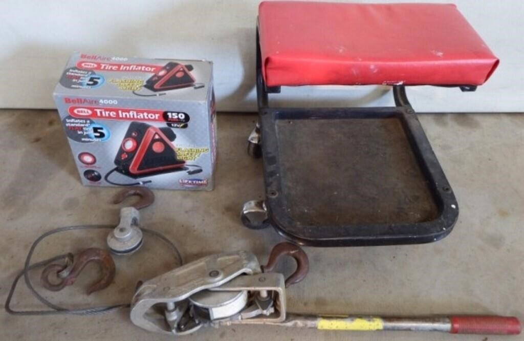 Shop Stool, Inflator & Come Along Cable Winch