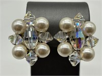 Vintage Faux Pearl & AB Crystal Cluster Earrings