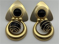 Vtg 1970's Gold Tone MCM Black Acrylic Earrings