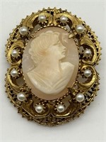 Rare Florenza Shell Carved Cameo & Pearl Brooch