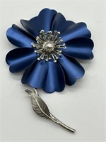 Vintage Silver & Blue Figural Flower Brooch
