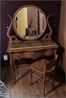 Serpentine Vanity, Mirror & Chair Antique