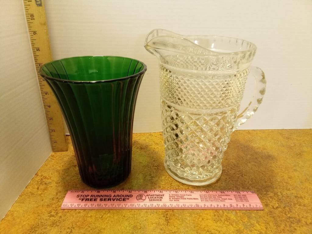 Cut Glass Pitcher& Green Glass Vase