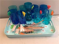 Serving Tray W/ Blue Plastic Cups Crazy Straws Etc