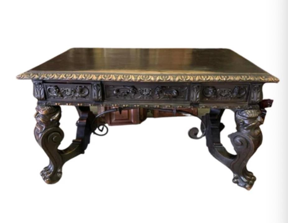 Antique Iberian Well-carved Renaissance Desk Table