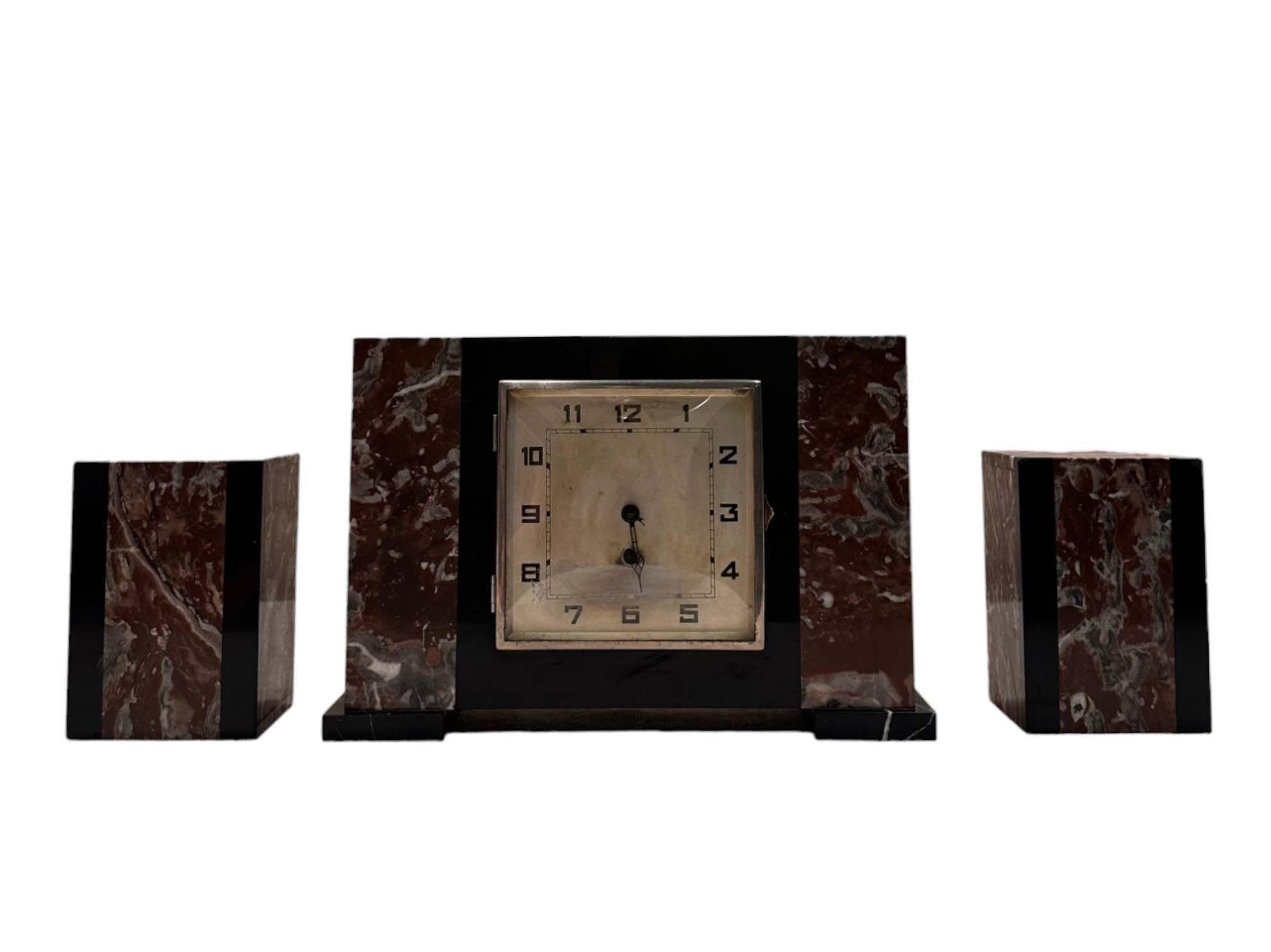 French Deco Marble Mantle Clock Set